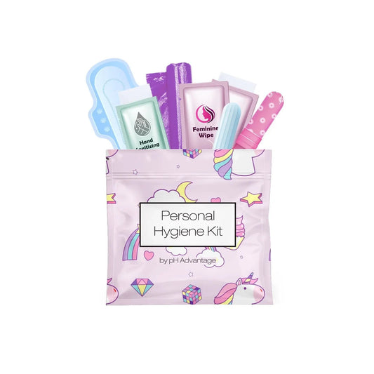 Rainbow and Unicorns Feminine Hygiene Kit featuring a pastel pouch with unicorns, rainbows, and stars, containing a pad, tampon, and feminine wipes.