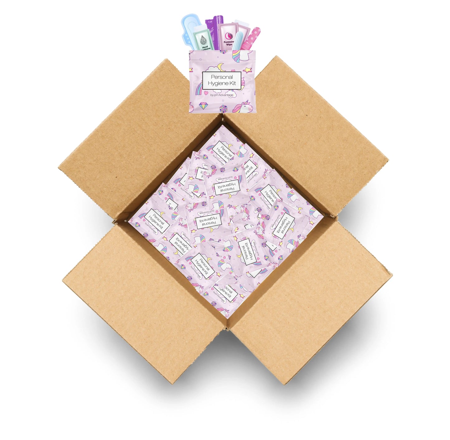 Case of Rainbow and Unicorns Feminine Hygiene Kits featuring a pastel pouch with unicorns, rainbows, and stars, containing a pad, tampon, and feminine wipes.