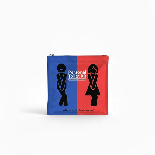 Red and Blue Toilet Kit with travel hygiene essentials in resealable bag