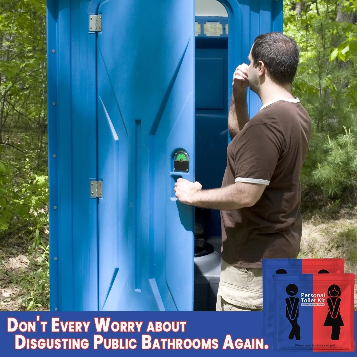 Man reacting to unpleasant public restroom while carrying Red and Blue Toilet Kit for hygiene