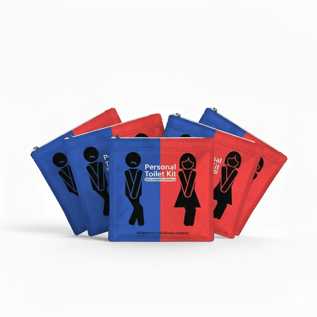 Five Red and Blue Toilet Kits with travel hygiene essentials in resealable bag