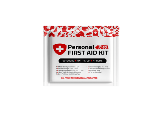 Red Mini First Aid Kit with labeled pouch featuring essential first aid items for quick treatment of cuts, scrapes, and burns.