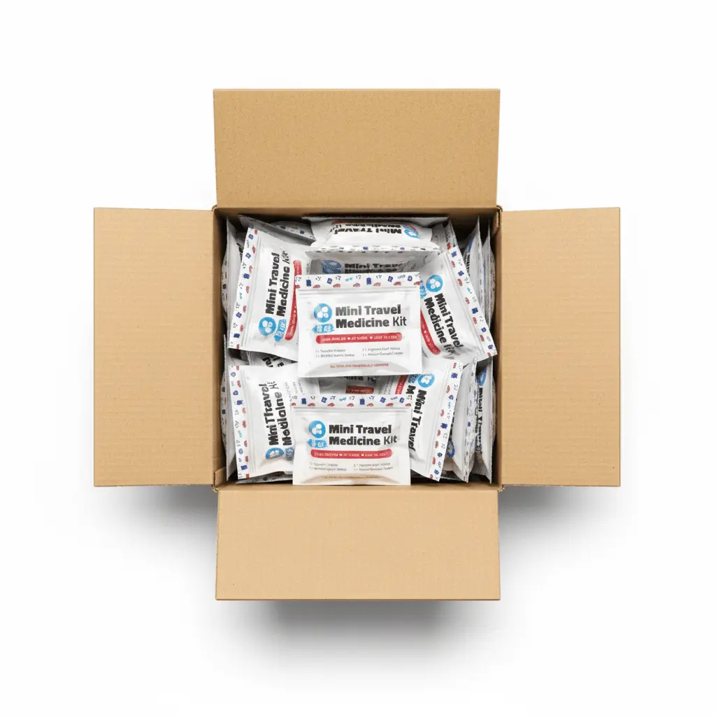 Case of Mini Travel Medicine Kits To Go showing compact packaging design with icons of cars, luggage, and travel essentials — includes ibuprofen, buffered aspirin, digestive relief, and antacid chewable tablets.