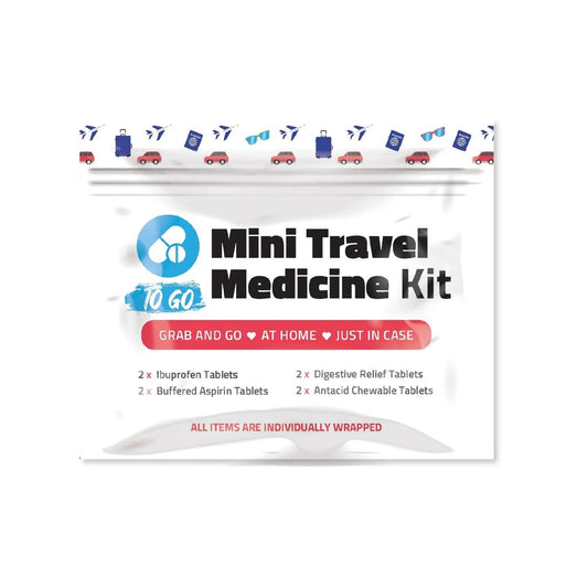 Front view of Mini Travel Medicine Kit To Go showing compact packaging design with icons of cars, luggage, and travel essentials — includes ibuprofen, buffered aspirin, digestive relief, and antacid chewable tablets.
