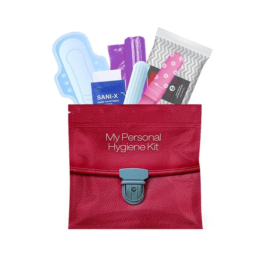 Compact feminine hygiene kit in red purse with pad, tampon, feminine wipes, and sanitizer — travel and emergency ready.
