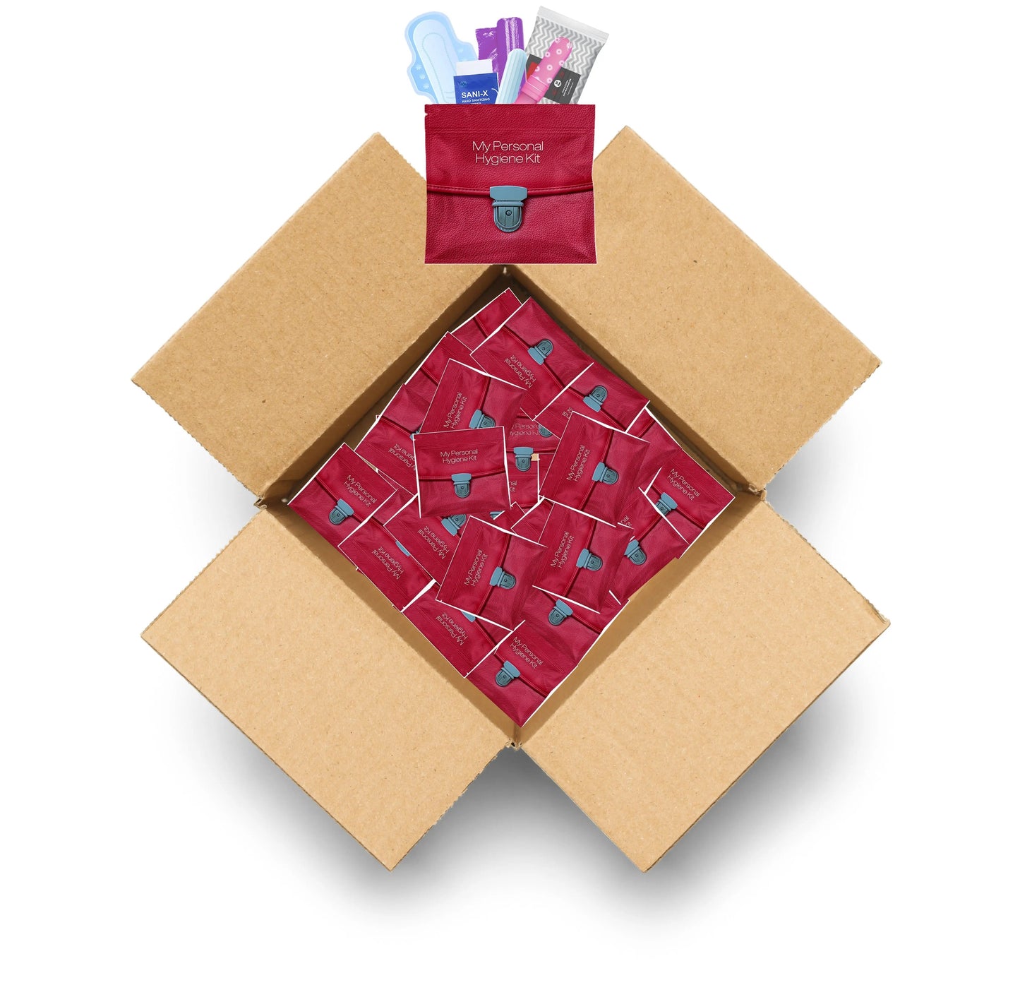 Case of Compact feminine hygiene kits in red purse with pad, tampon, feminine wipes, and sanitizer — travel and emergency ready.