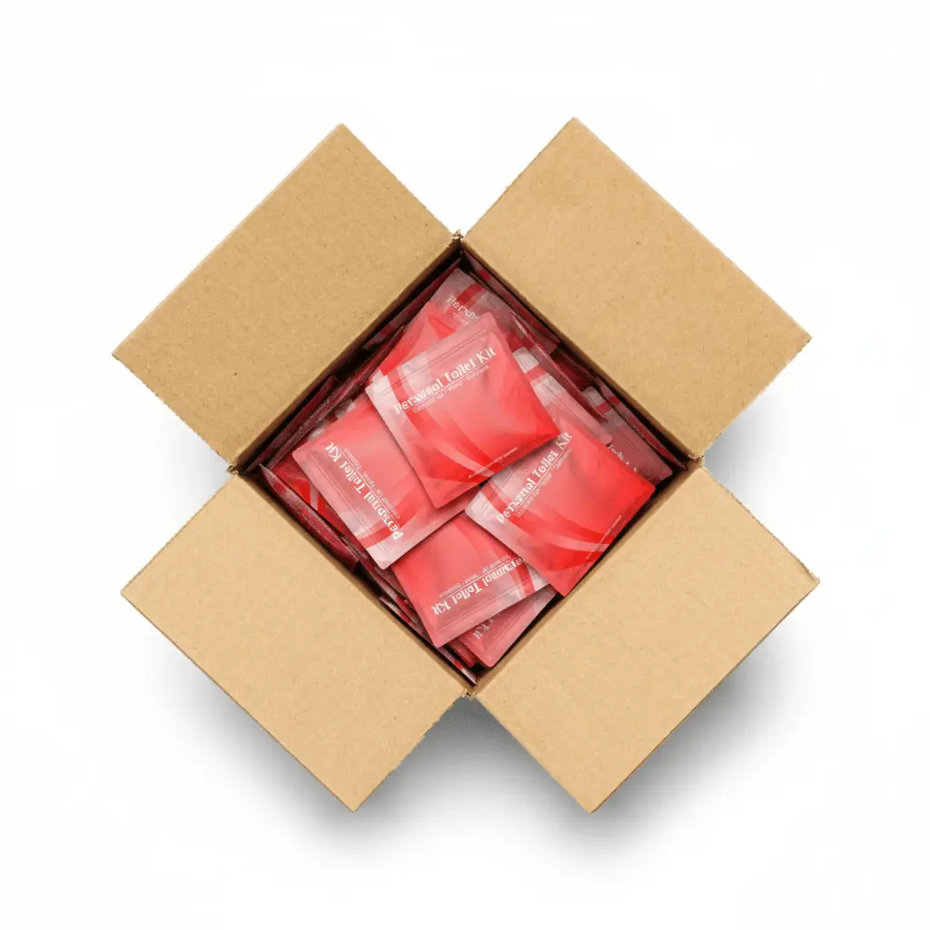 Case of Red Toilet Kits in a resealable travel pouch with bold red design and white text reading ‘Personal Toilet Kit – Grab and Go, Travel, Outdoors.’ Ideal for personal hygiene on the go.