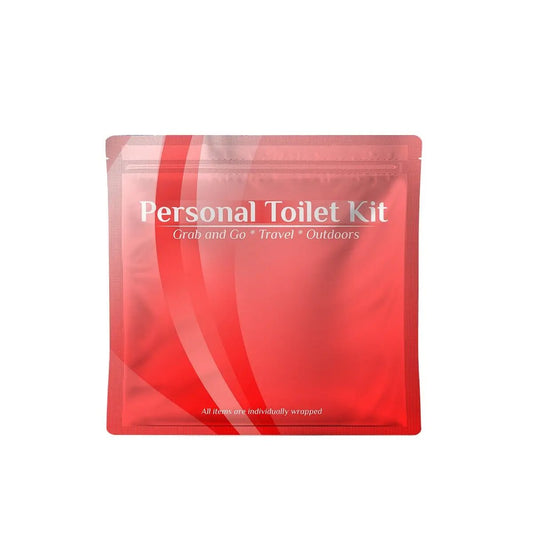 Front view of the Red Toilet Kit in a resealable travel pouch with bold red design and white text reading ‘Personal Toilet Kit – Grab and Go, Travel, Outdoors.’ Ideal for personal hygiene on the go.