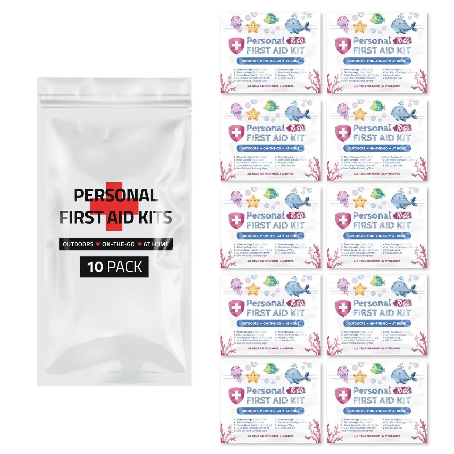 Ten Sea Life Mini First Aid Kits with ocean-themed design featuring whales, jellyfish, and starfish on the packaging, labeled for outdoor, on-the-go, and at-home use.