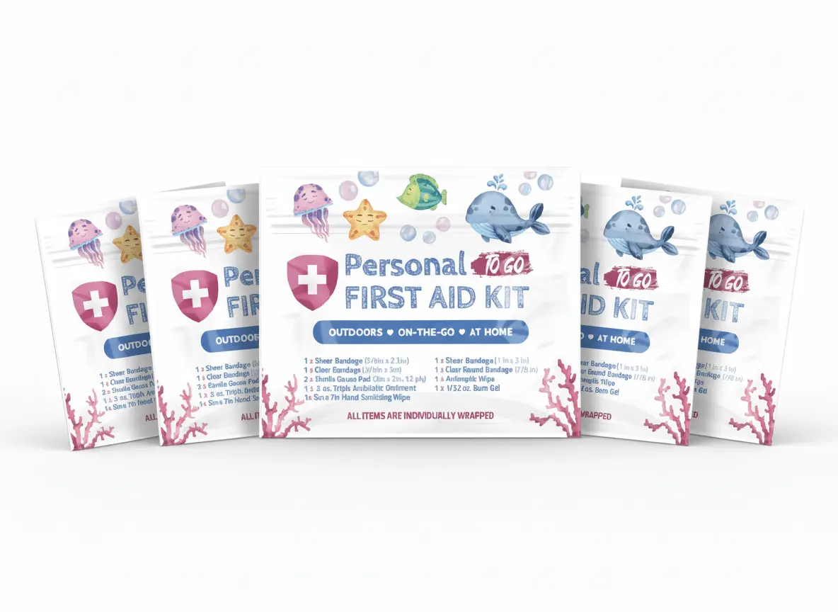 Five Sea Life Mini First Aid Kits with ocean-themed design featuring whales, jellyfish, and starfish on the packaging, labeled for outdoor, on-the-go, and at-home use.