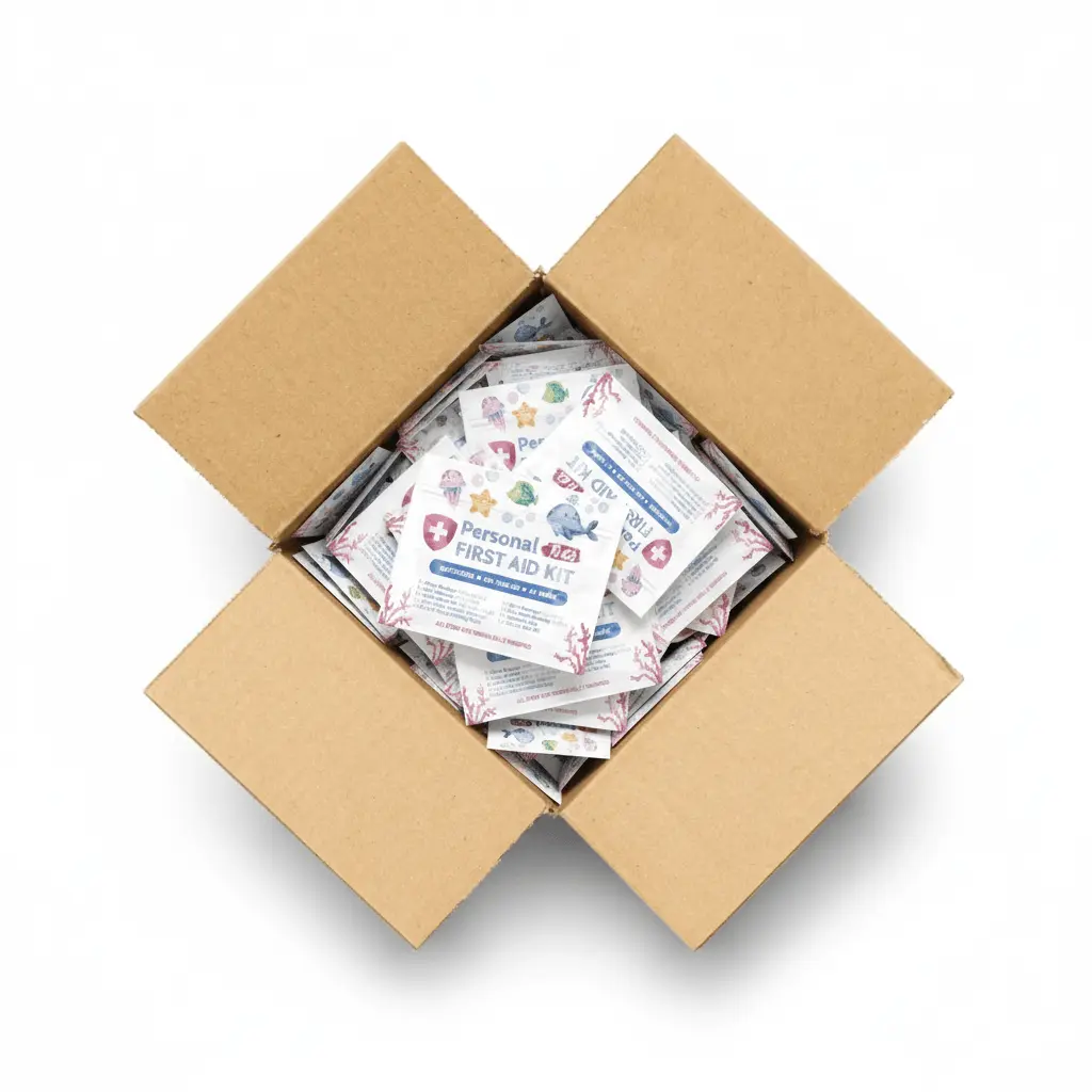 Case of Sea Life Mini First Aid Kits with ocean-themed design featuring whales, jellyfish, and starfish on the packaging, labeled for outdoor, on-the-go, and at-home use.