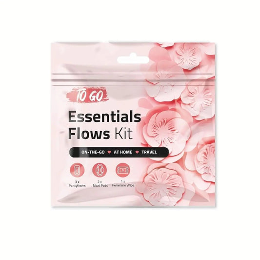 Pink Essential Flows Kit packaging with floral design and feminine hygiene essentials