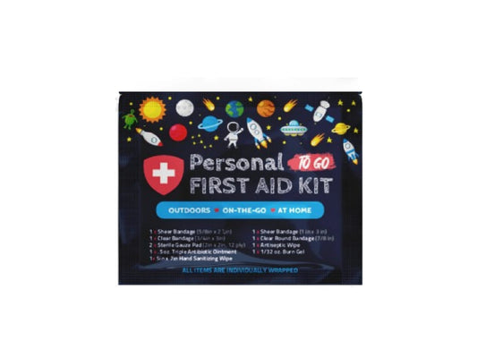 Space-themed Personal First Aid Kit pouch featuring colorful planets, rockets, and astronauts on the packaging, designed for on-the-go, outdoor, and home use.