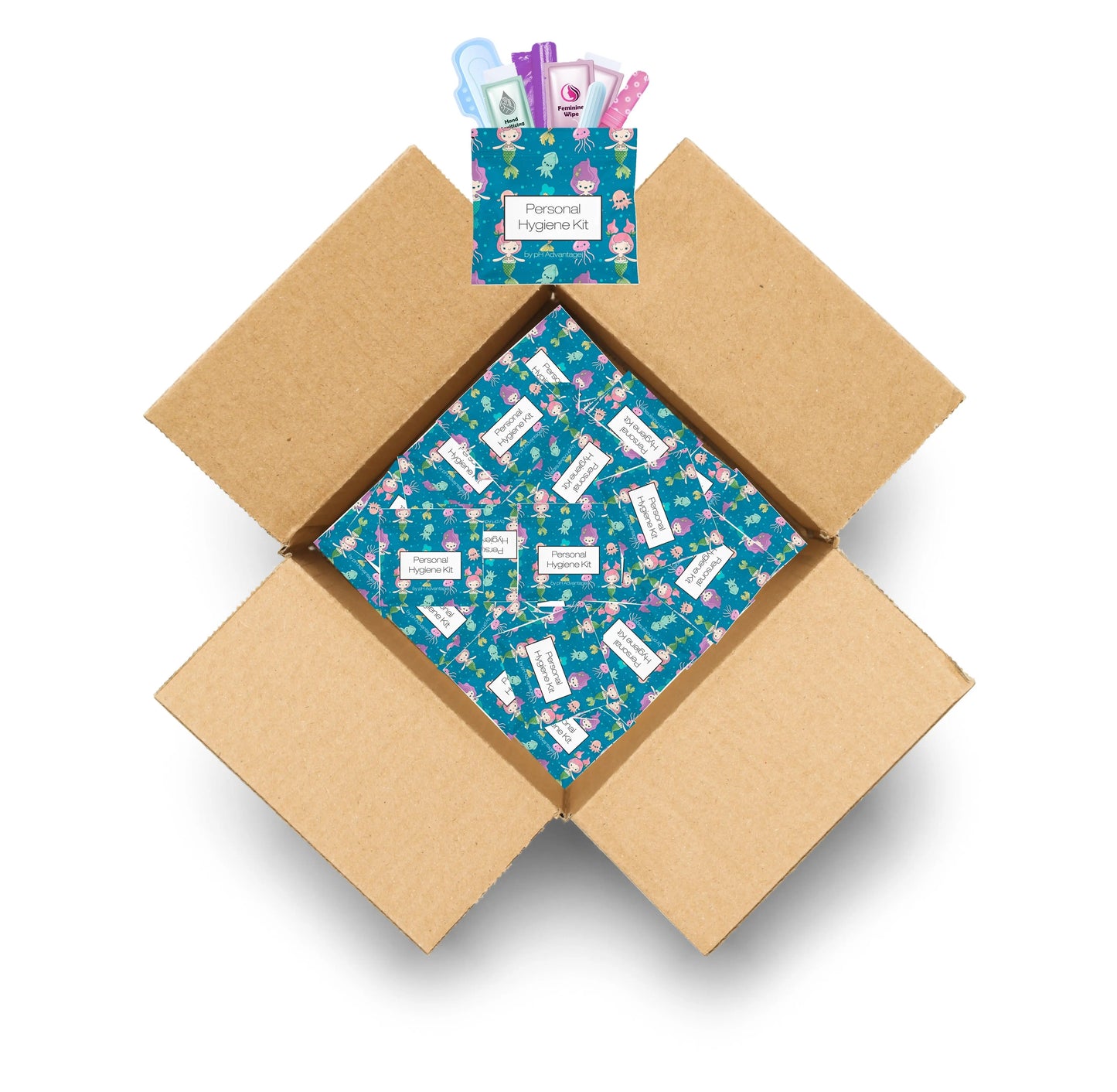 Multiple Under the Sea Feminine Hygiene Kits displayed together, highlighting bulk packaging and organized presentation.