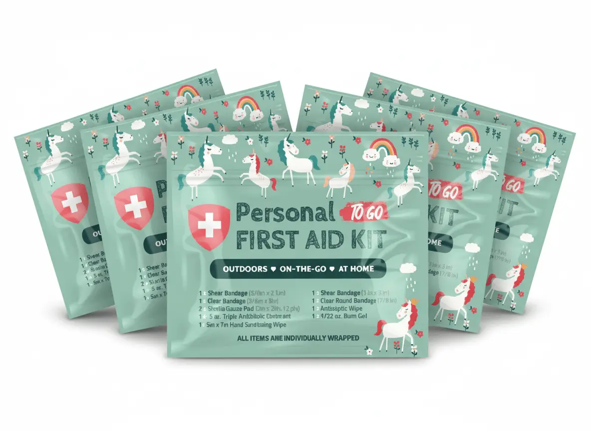 Five Unicorn Mini First Aid Kits with playful unicorn and rainbow design, compact and resealable for travel or everyday use