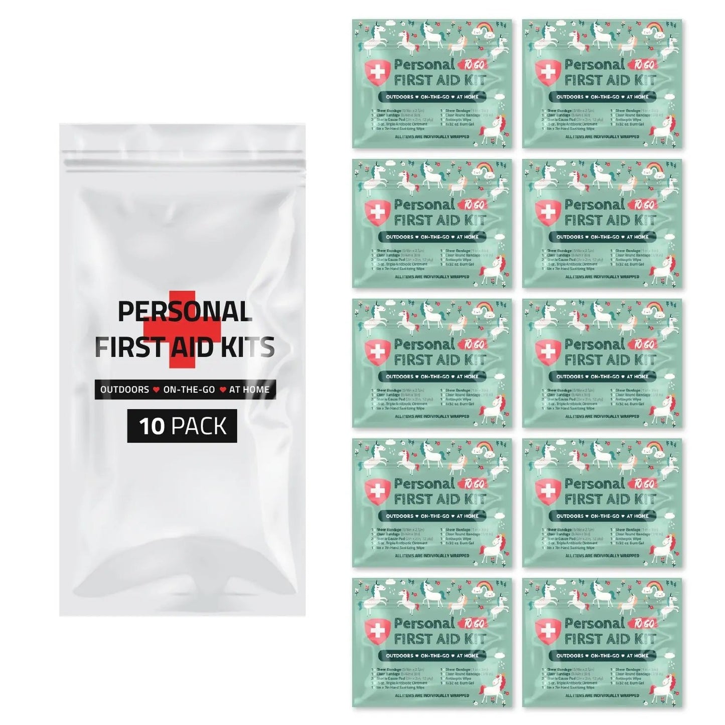 Ten Unicorn Mini First Aid Kits with playful unicorn and rainbow design, compact and resealable for travel or everyday use