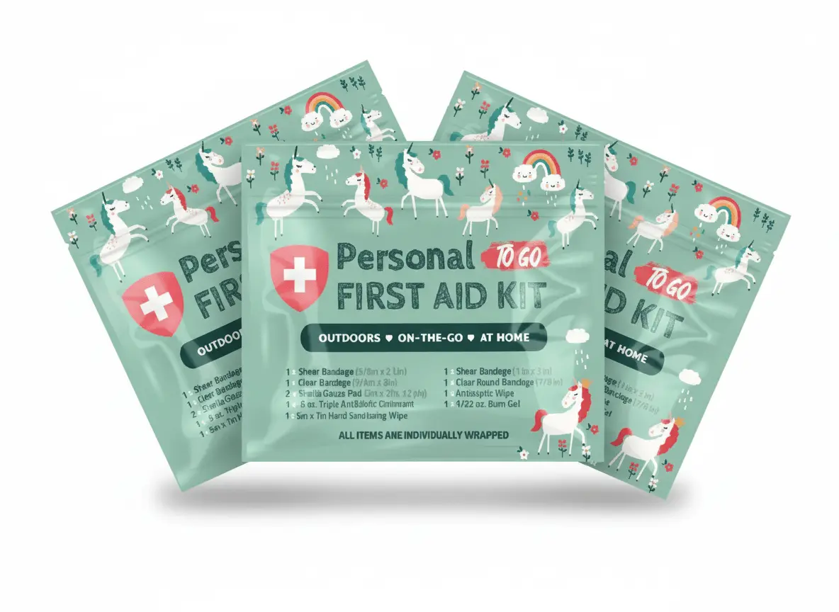 Three Unicorn Mini First Aid Kits with playful unicorn and rainbow design, compact and resealable for travel or everyday use