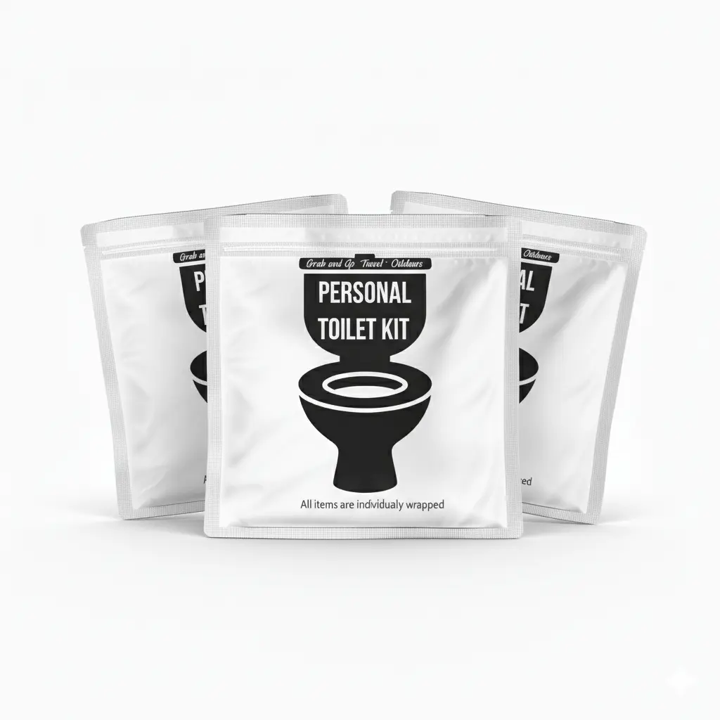 Three White and black Personal Toilet Kits with modern minimalist design featuring a toilet icon and labeled ‘Grab and Go • Travel • Outdoors.’ Compact, resealable hygiene kit for clean restroom use anywhere.