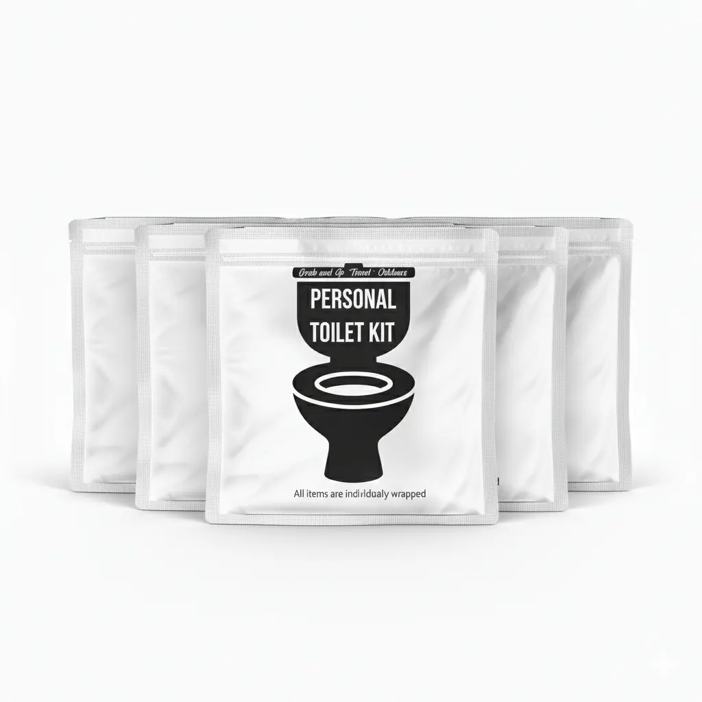 Five White and black Personal Toilet Kits with modern minimalist design featuring a toilet icon and labeled ‘Grab and Go • Travel • Outdoors.’ Compact, resealable hygiene kit for clean restroom use anywhere.