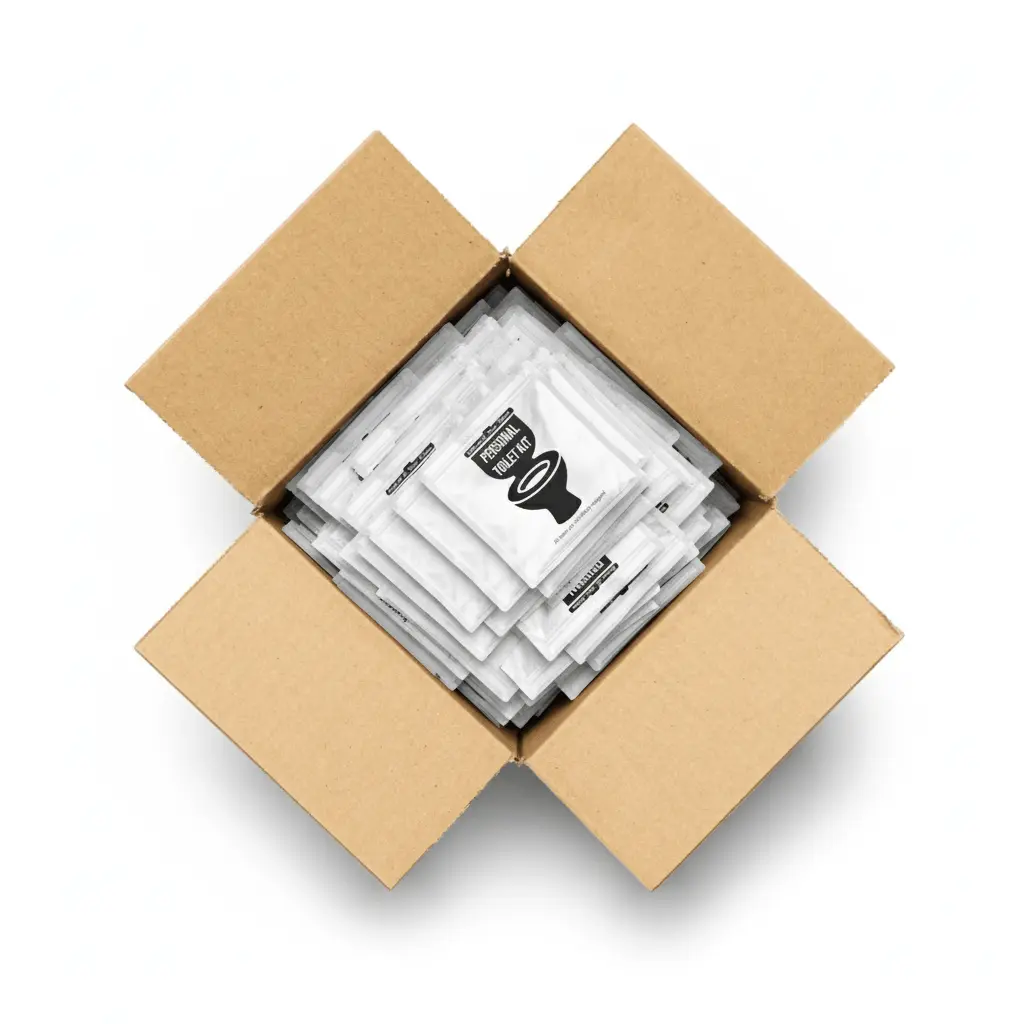 Case of White and black Personal Toilet Kits with modern minimalist design featuring a toilet icon and labeled ‘Grab and Go • Travel • Outdoors.’ Compact, resealable hygiene kit for clean restroom use anywhere.