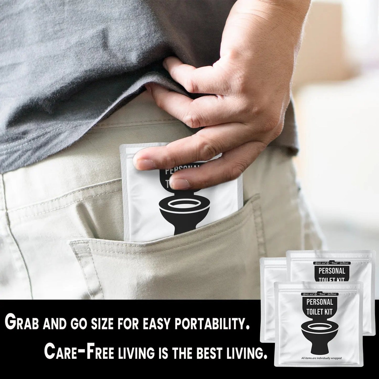 Person placing the compact White and Black Toilet Kit into their back pocket, showing its convenient grab-and-go travel size.