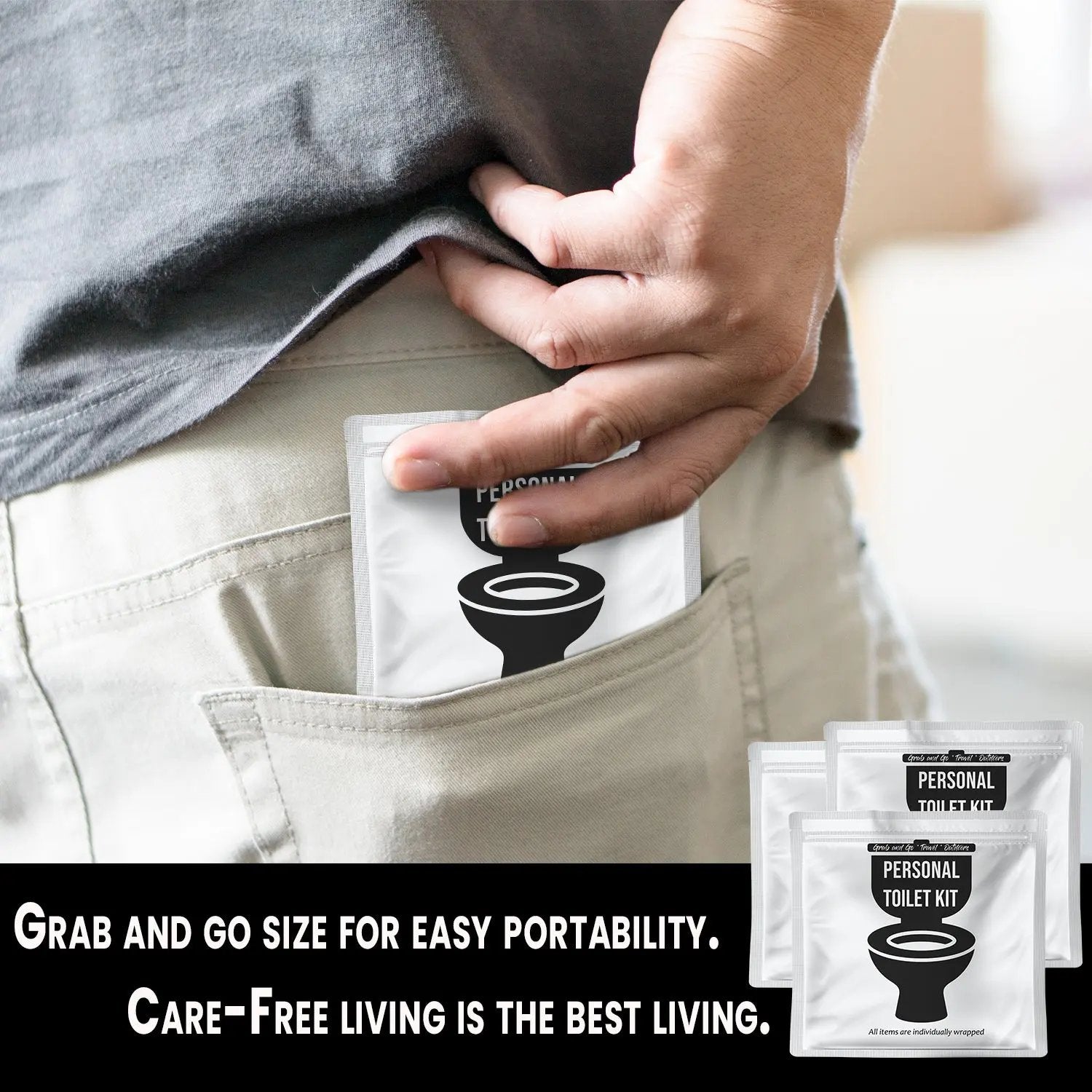 Person placing the compact White and Black Toilet Kit into their back pocket, showing its convenient grab-and-go travel size.