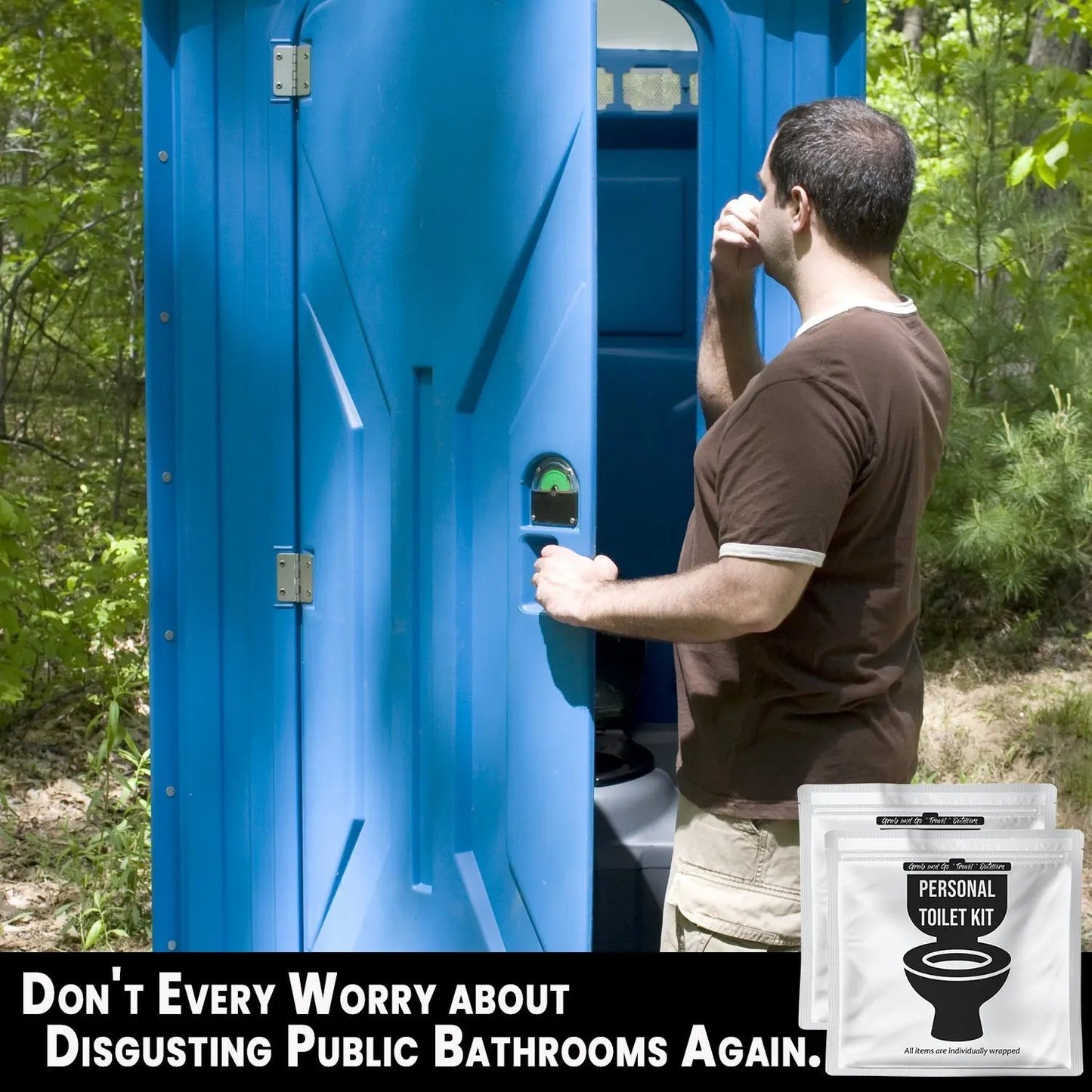 Man hesitating to enter a portable restroom, highlighting the importance of carrying the White and Black Toilet Kit for a clean experience.