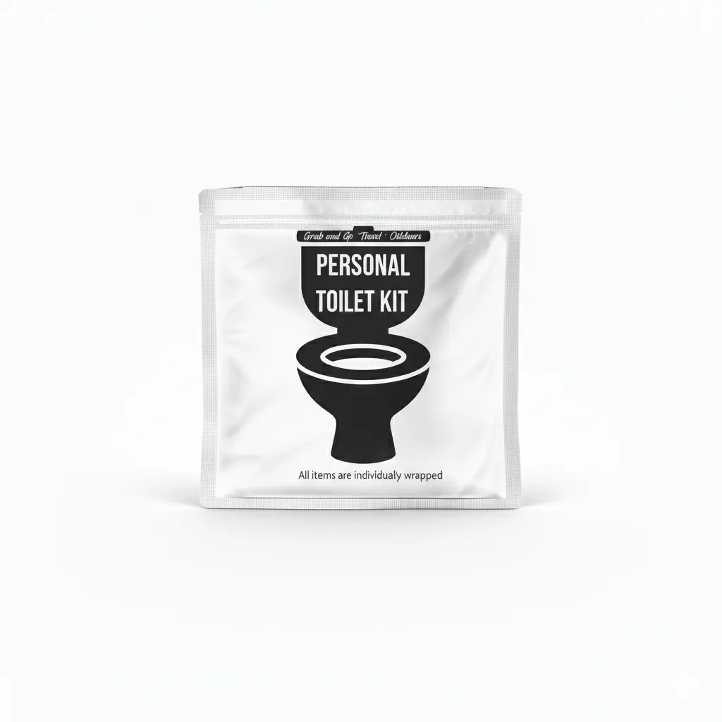 White and black Personal Toilet Kit with modern minimalist design featuring a toilet icon and labeled ‘Grab and Go • Travel • Outdoors.’ Compact, resealable hygiene kit for clean restroom use anywhere.