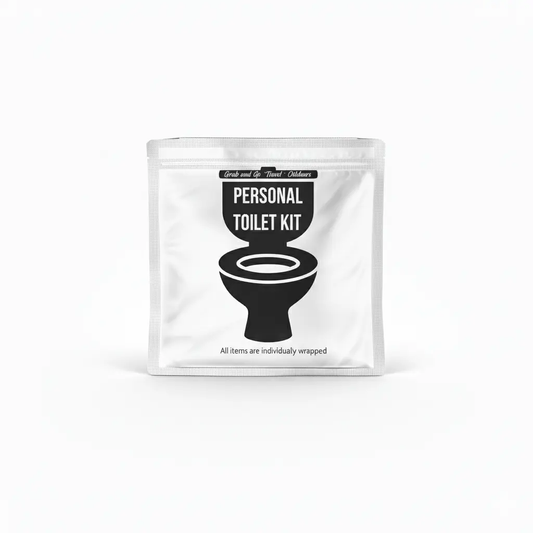 White and black Personal Toilet Kit with modern minimalist design featuring a toilet icon and labeled ‘Grab and Go • Travel • Outdoors.’ Compact, resealable hygiene kit for clean restroom use anywhere.