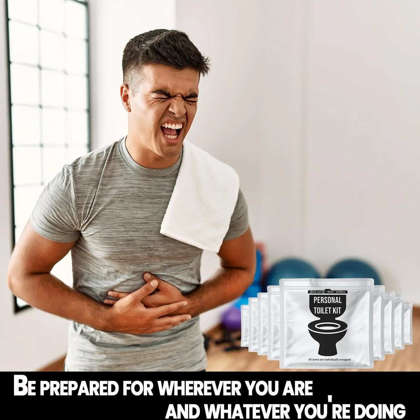 Man experiencing stomach discomfort with a row of White and Black Toilet Kits beside him, emphasizing being prepared for any bathroom emergency.