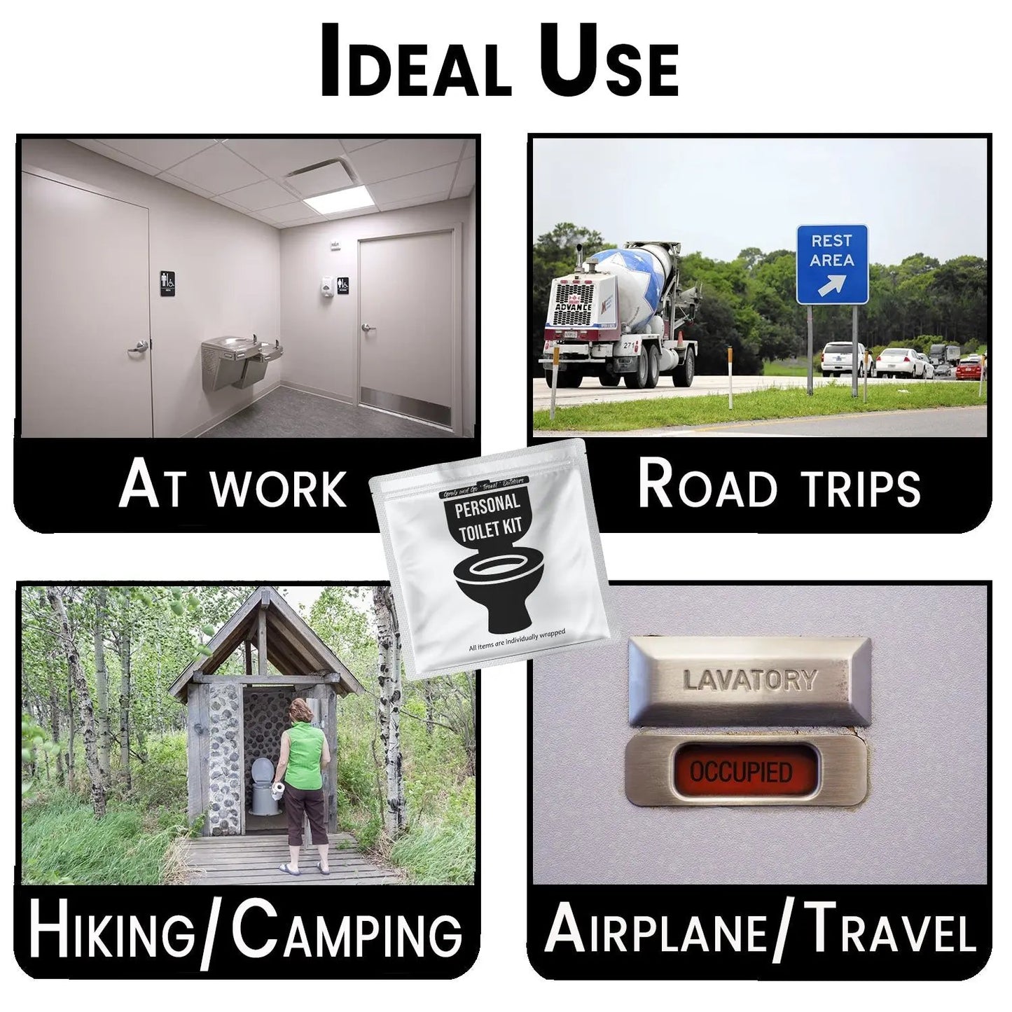 Collage showing ideal uses of the White and Black Toilet Kit at work, on road trips, hiking, camping, and airplane travel for hygienic convenience anywhere.