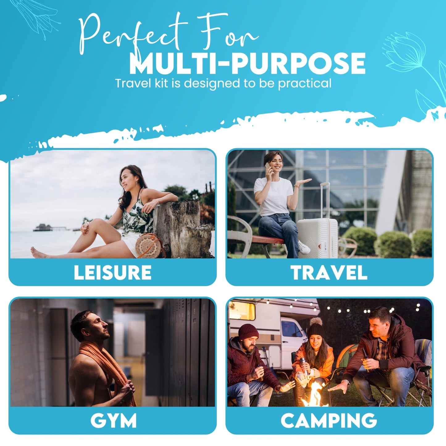 Blue Shower Kit for travel, gym, camping, and hotel use — versatile personal hygiene kit
