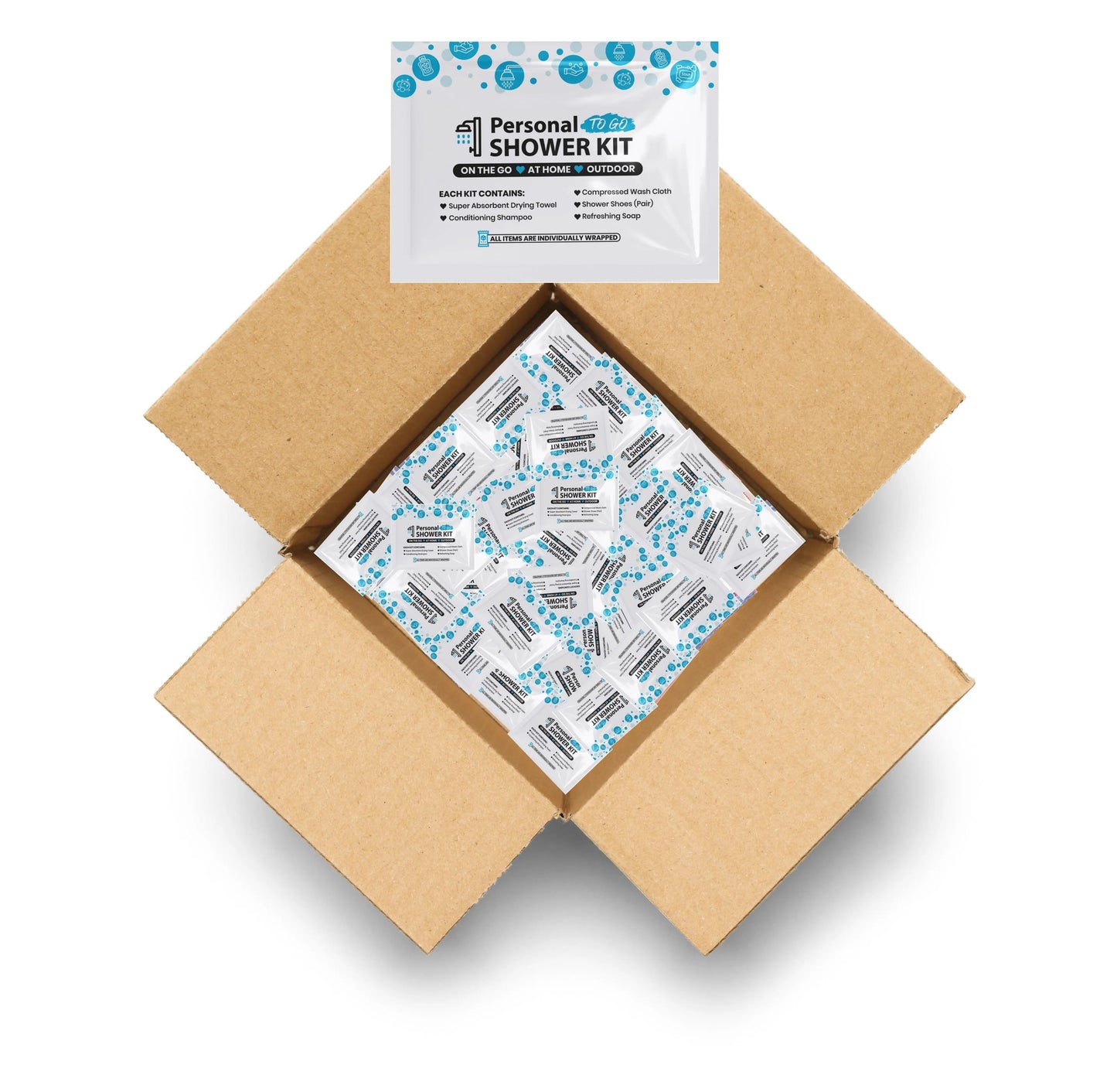 Case of Blue Shower Kits with shampoo, soap, towel, wash cloth, and shower shoes in resealable bag