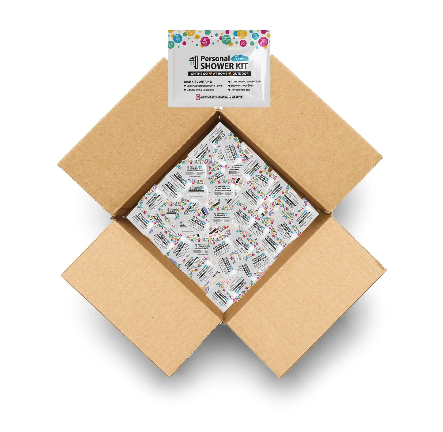 Case of Multi-Color Shower Kits with shampoo, soap, towel, wash cloth, and shower shoes in resealable bag