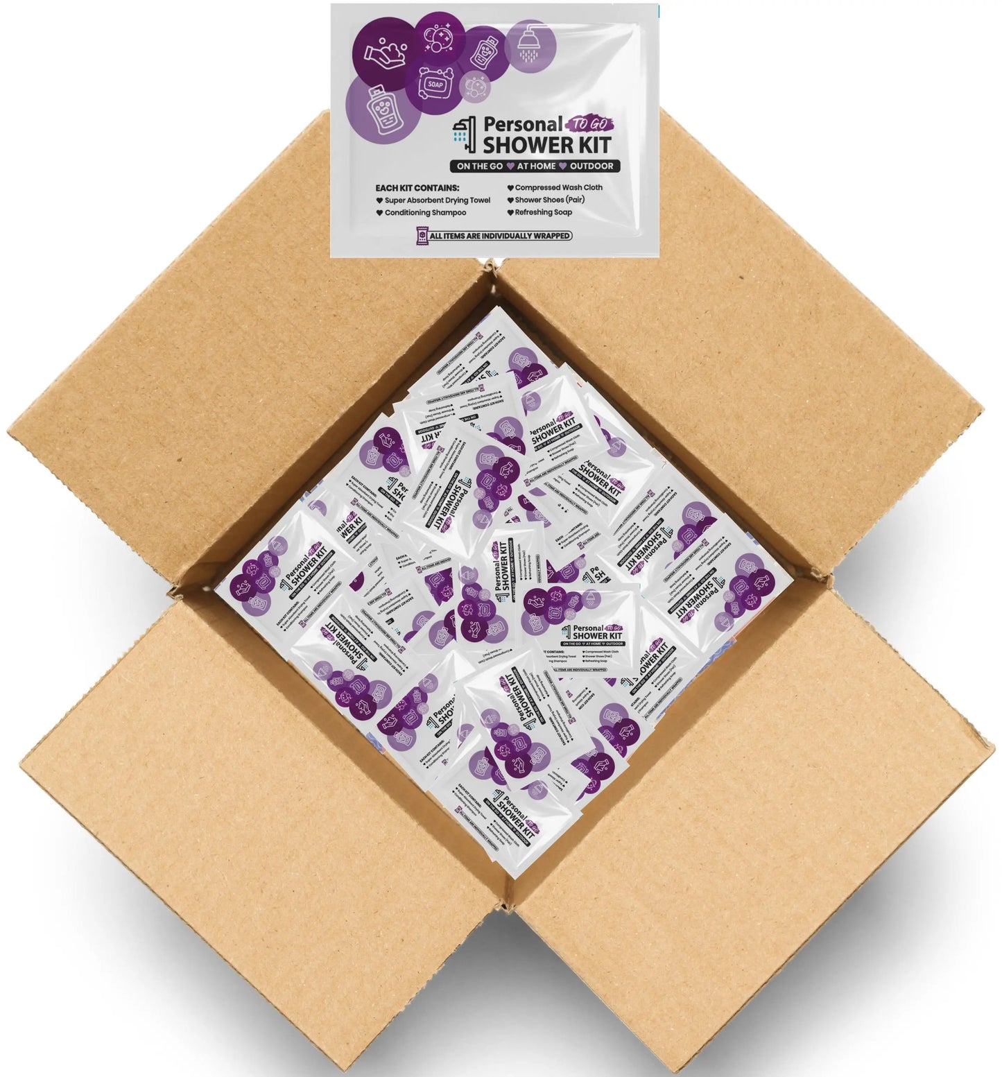 Case if Purple Shower Kits with shampoo, soap, towel, wash cloth, and shower shoes in resealable bag