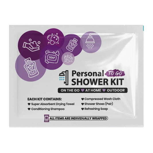 Purple Shower Kit with shampoo, soap, towel, wash cloth, and shower shoes in resealable bag