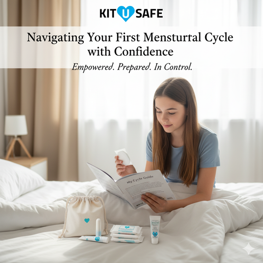 A young girl in bed reading 'My Cycle Guide' with a period kit and supplies nearby. Kit U Safe logo and blog title are overlaid.
