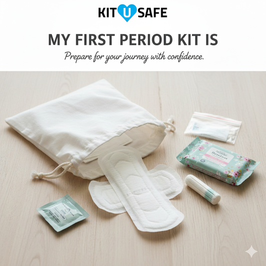 Kit U Safe logo above the title 'MY FIRST PERIOD KIT IS.' Below, a white pouch with pads, a tampon, feminine wipes, and a small sealed pouch are arranged on a wooden surface.