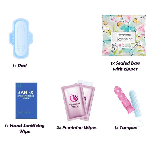 Assorted period kit items including pads, wipes, and heating pad.
