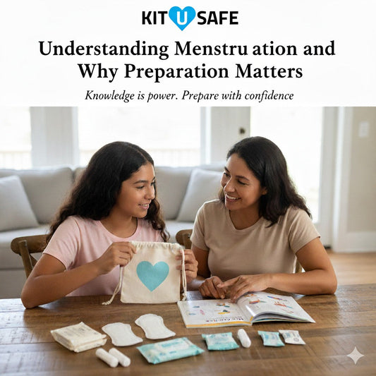 A mother and daughter at a table, looking at a cycle guide. A first period kit with pads, tampons, and wipes is visible. The Kit U Safe logo and blog title are overlaid.