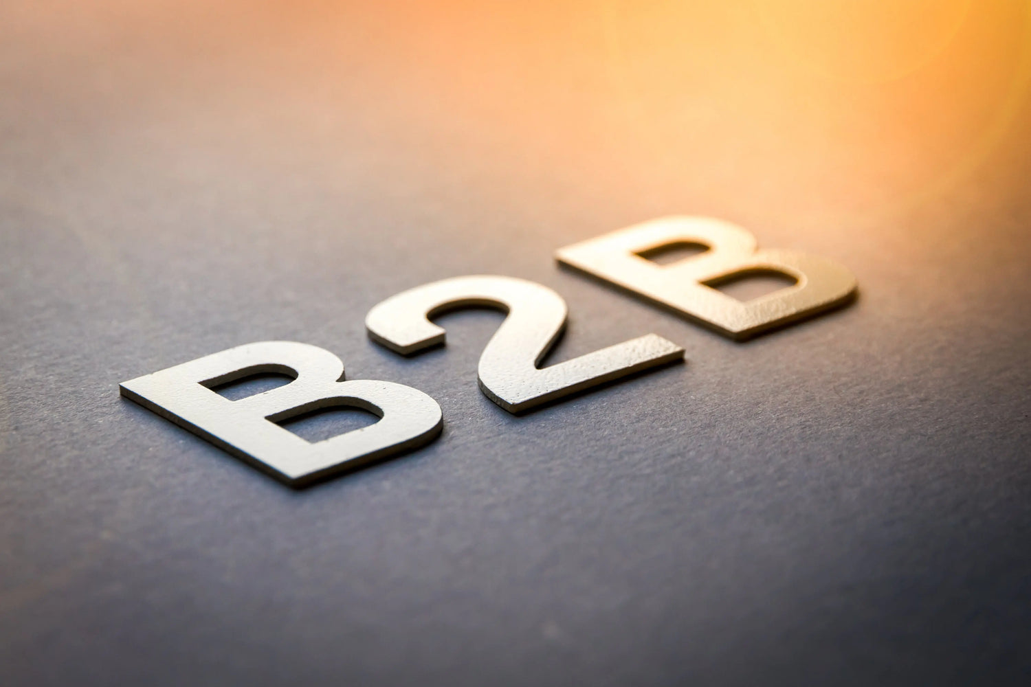 The letters “B2B” in metallic 3D style resting on a dark surface, symbolizing business-to-business relationships, with warm sunlight shining from the top right corner.