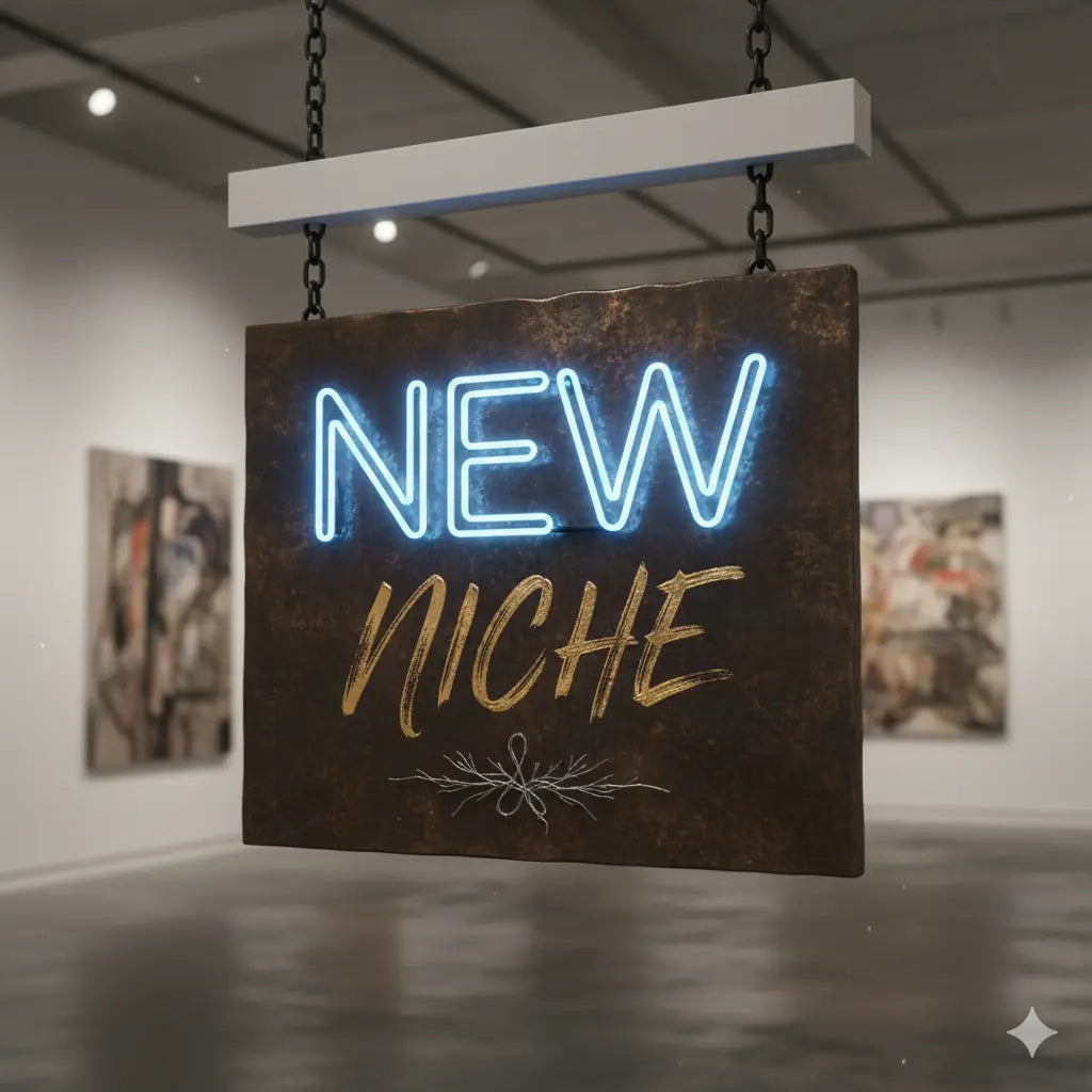 A hanging sign with the words “NEW NICHE,” where “NEW” is illuminated in blue neon and “NICHE” is written in gold script, displayed in a modern gallery setting.