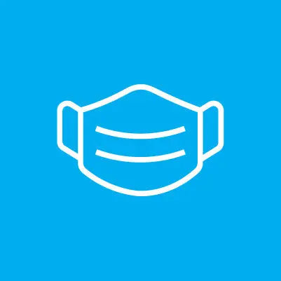 White line icon of a face mask on a blue background representing a personal protection kit or hygiene safety product.