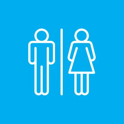 White line icon of a man and woman symbol on a blue background representing a personal toilet kit or restroom hygiene concept.