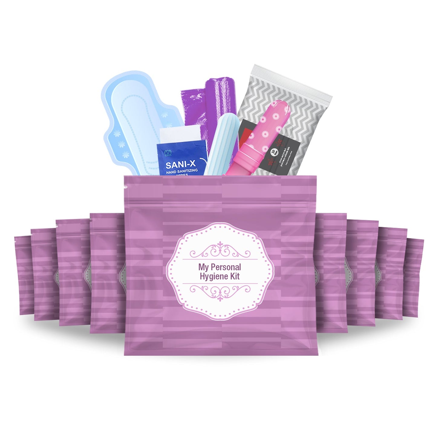10-Pack Feminine Hygiene Kits – Tampon, Pad, Wipes & Hand Wipe