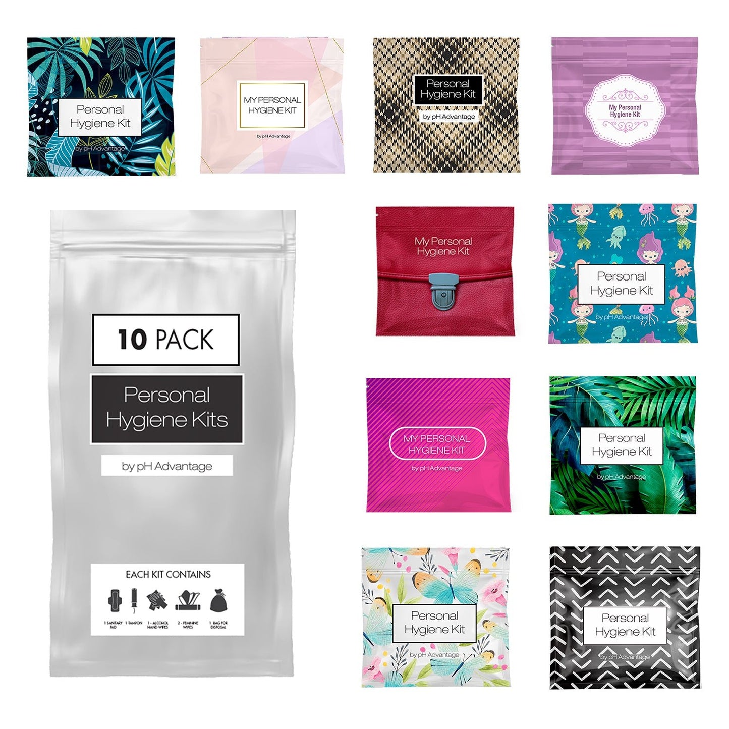 10-Pack Feminine Hygiene Kits – Tampon, Pad, Wipes & Hand Wipe