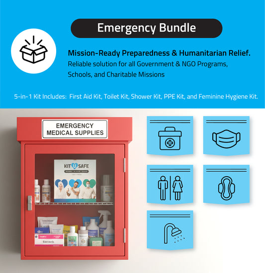 Kit U Safe Emergency Bundle promotional image. A red emergency medical supplies cabinet displays a Kit U Safe box and various first aid and hygiene items. The banner reads ‘Emergency Bundle – Mission-Ready Preparedness & Humanitarian Relief. Reliable solution for Government and NGO Programs, Schools, and Charitable Missions.’ Icons represent the five included kits: first aid, PPE mask, shower, toilet, and feminine hygiene. The overall design conveys readiness and organized relief support.
