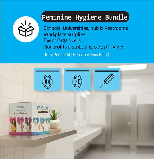 Feminine Hygiene Bundle for schools and workplaces shown with Kit U Safe box in a public restroom.