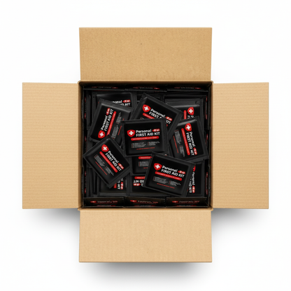 Case of Black Mini First Aid Kits with essential bandages, wipes, and ointments in a resealable black travel pouch.