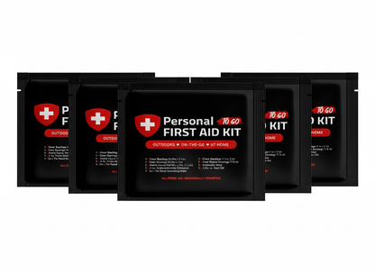 Five Ten Black Mini First Aid Kits with essential bandages, wipes, and ointments in a resealable black travel pouch.